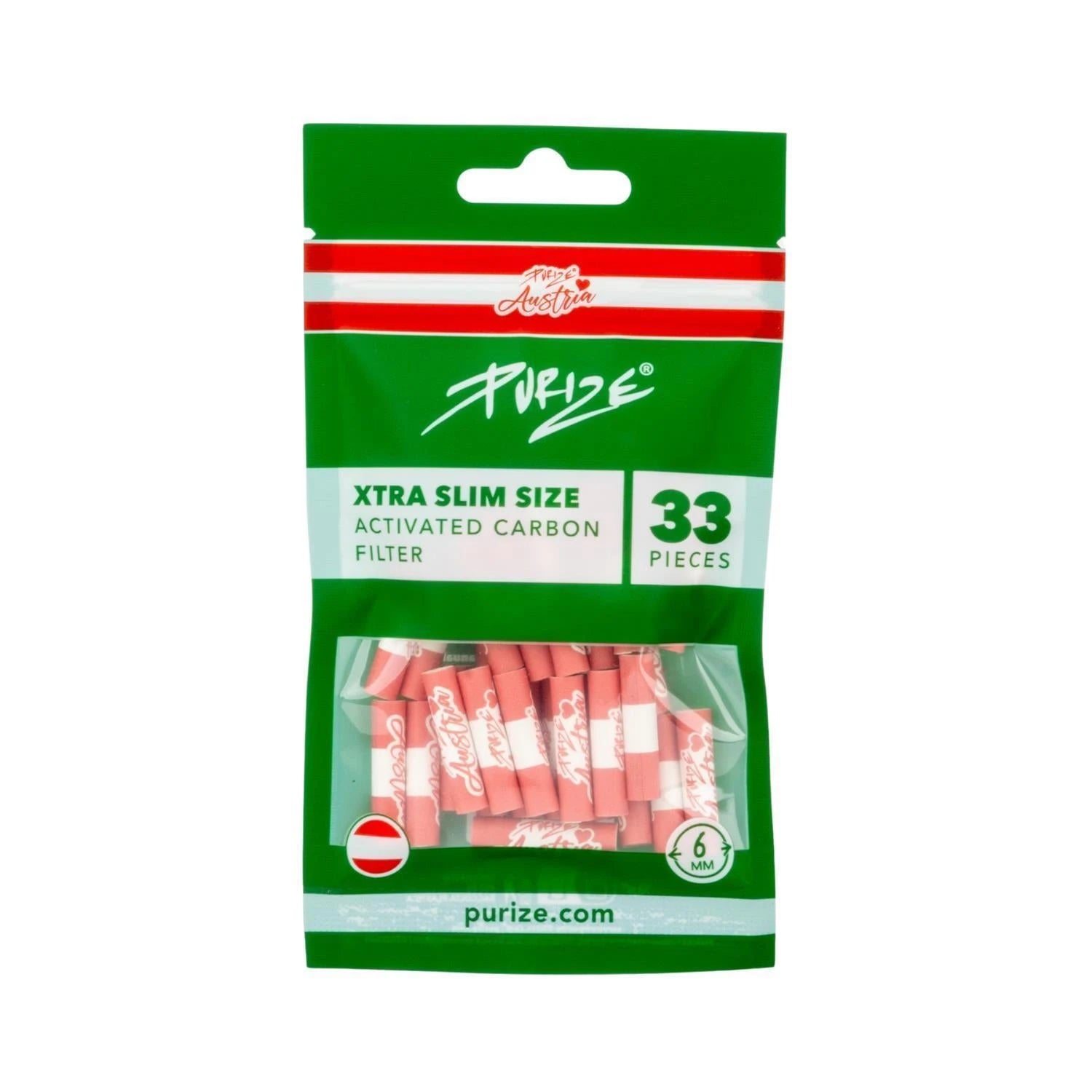 PURIZE Xtra Slim Size Verpackung Austria Edition mit 33 Activated Carbon Filter, 6 mm, Österreich-Flagge, gefüllt mit Aktivkohlefiltern im rot-weißen Austria Design